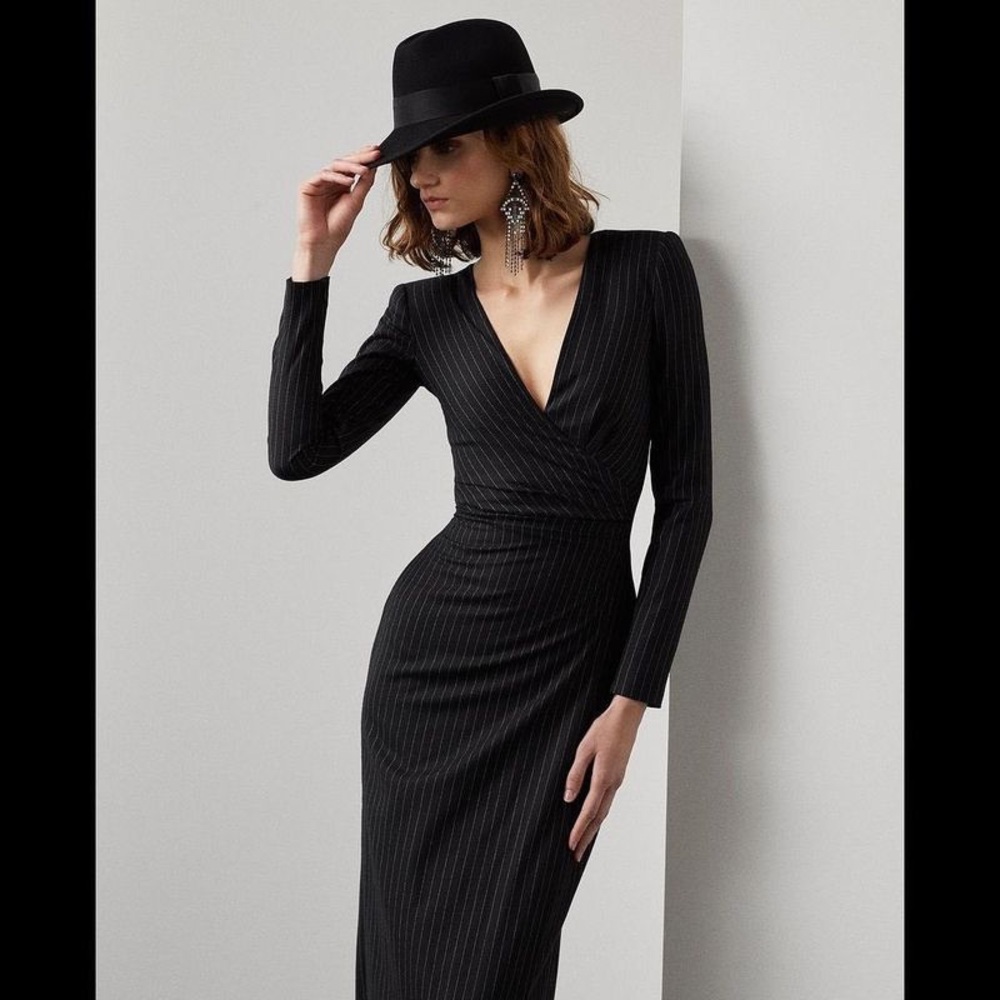 Norma Kamali Faux Wrap Jersey Pinstripe Sheath Maxi Dress in Black Size XS - Picture 11 of 11